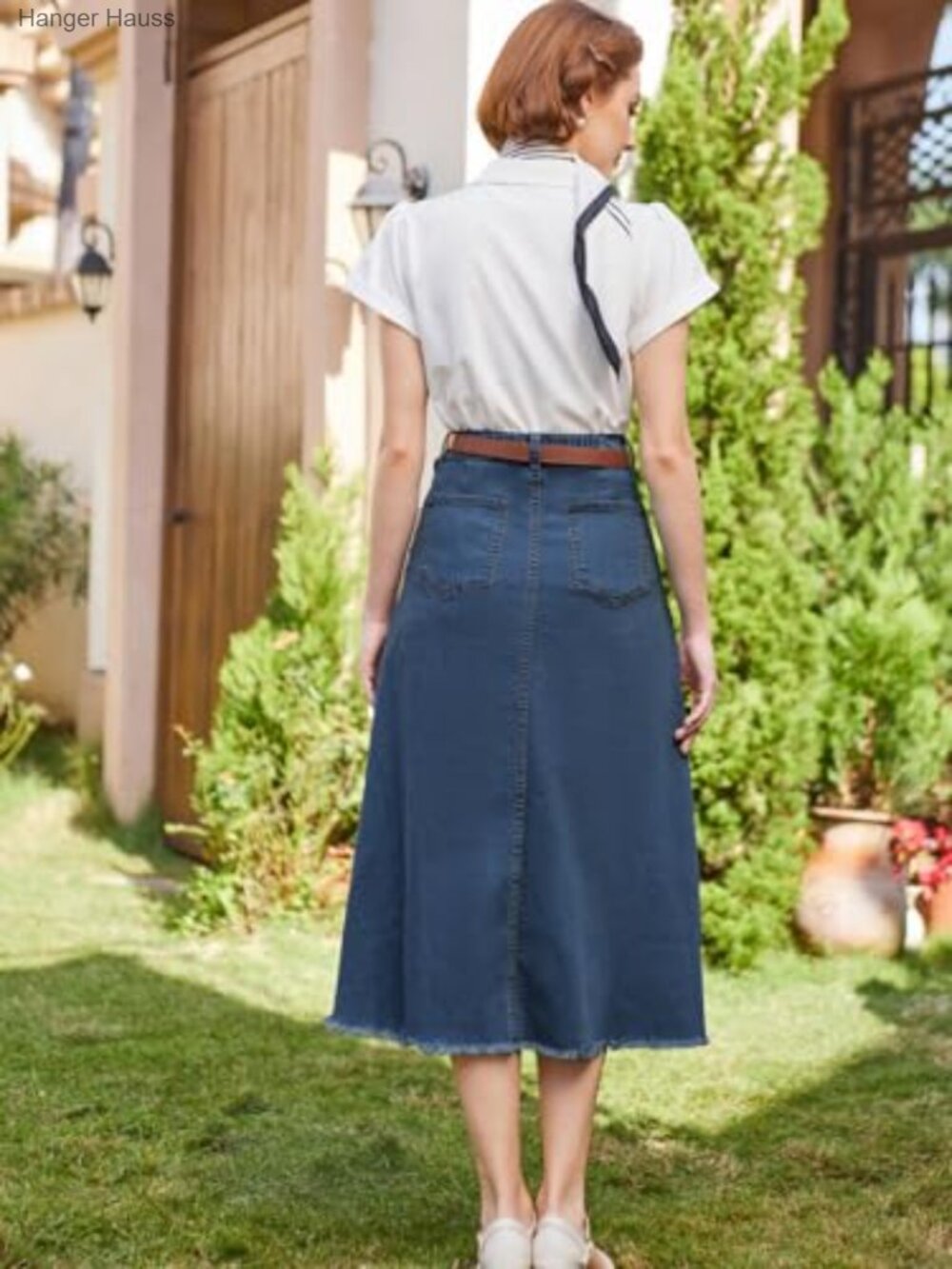 High Waist Raw Hem A-Line Maxi Denim Skirt with Pockets - Picture 5 of 7